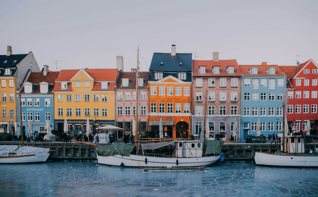 Colorful harbor houses along a canal in Copenhagen, Denmark