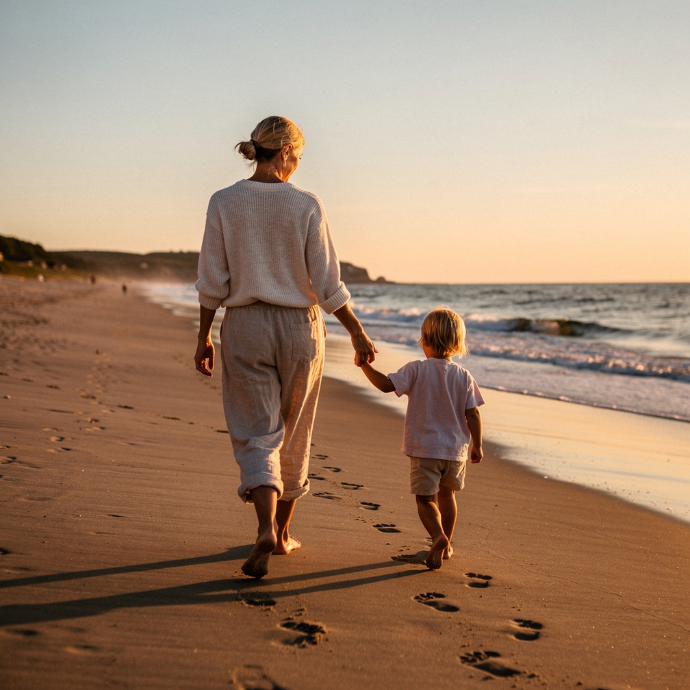 Parent and child walking together on a beach
