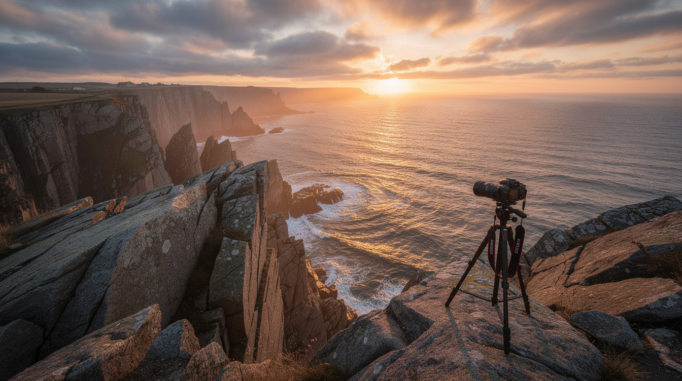Camera and tripod overlooking a rugged Danish coastline at sunset